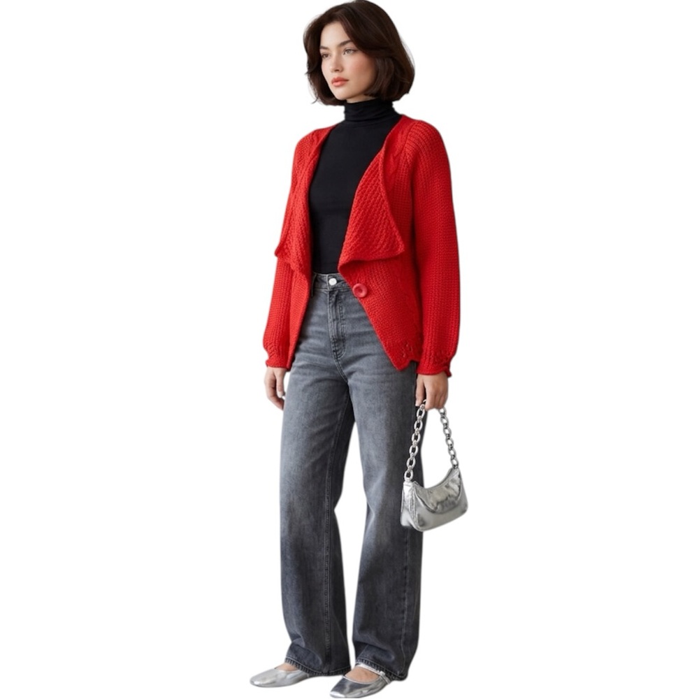 90s Pierre Cardin Red Open-Front Knit Cardigan with Scalloped Edge